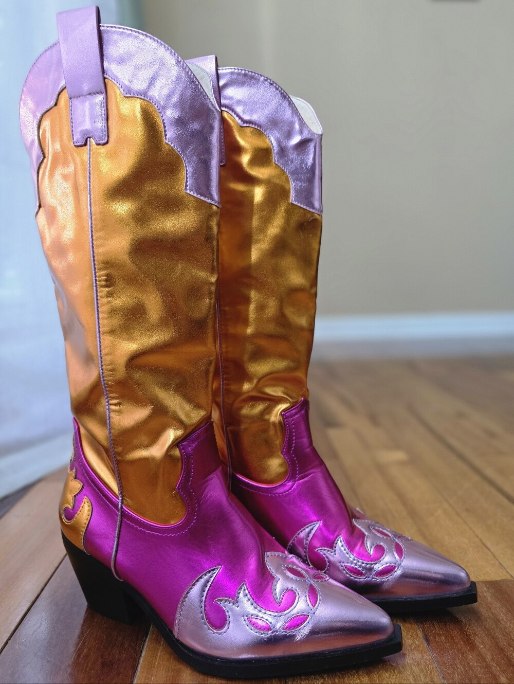 Azalea Wang Metallic Cowboy Boots 7.5 Pink Orange Western Y2K Space Cowgirl